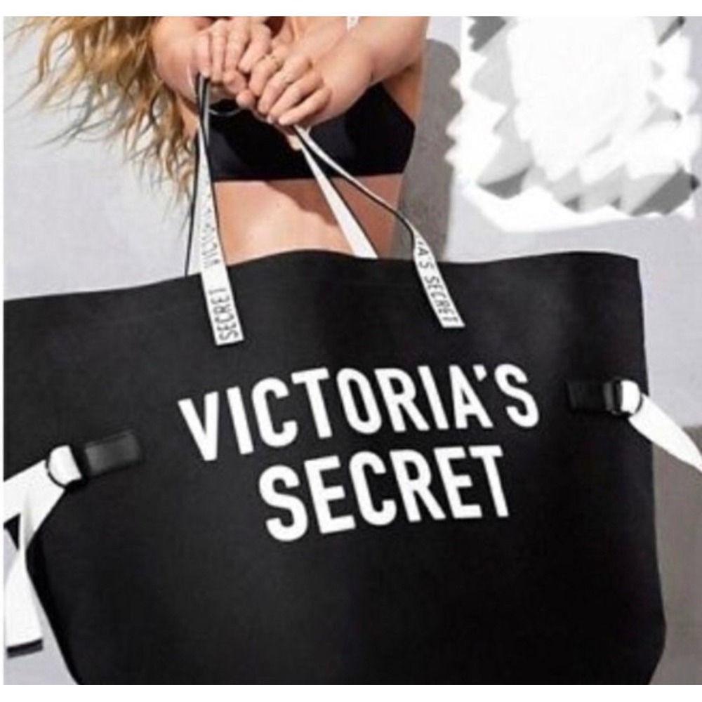 Victoria's Secret Black Canvas Oversized Logo Tote Bag Adjustable Sides NWT